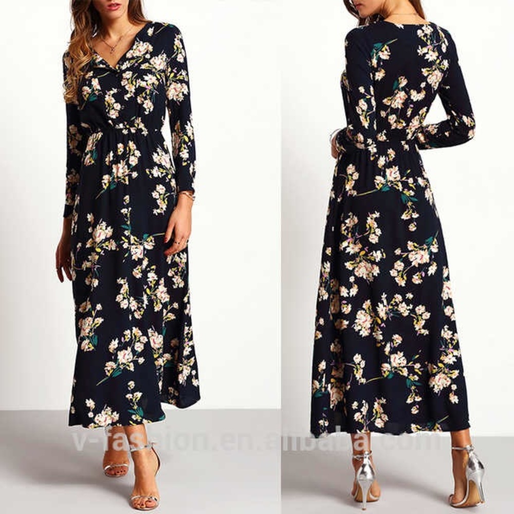 Navy Blue floral Maxi Dress Long sleeve